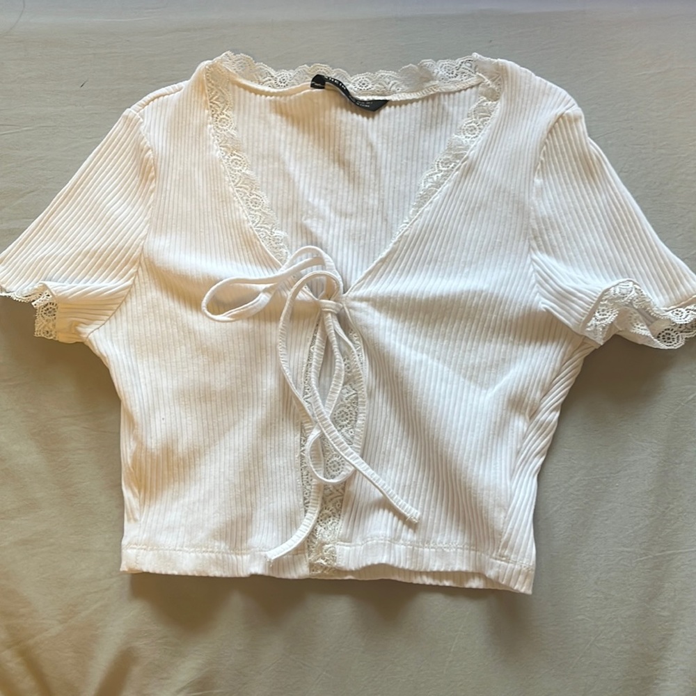SHEIN Knot Front Lace Trim Rib-Knit Top (Not available on SHEIN anymore)